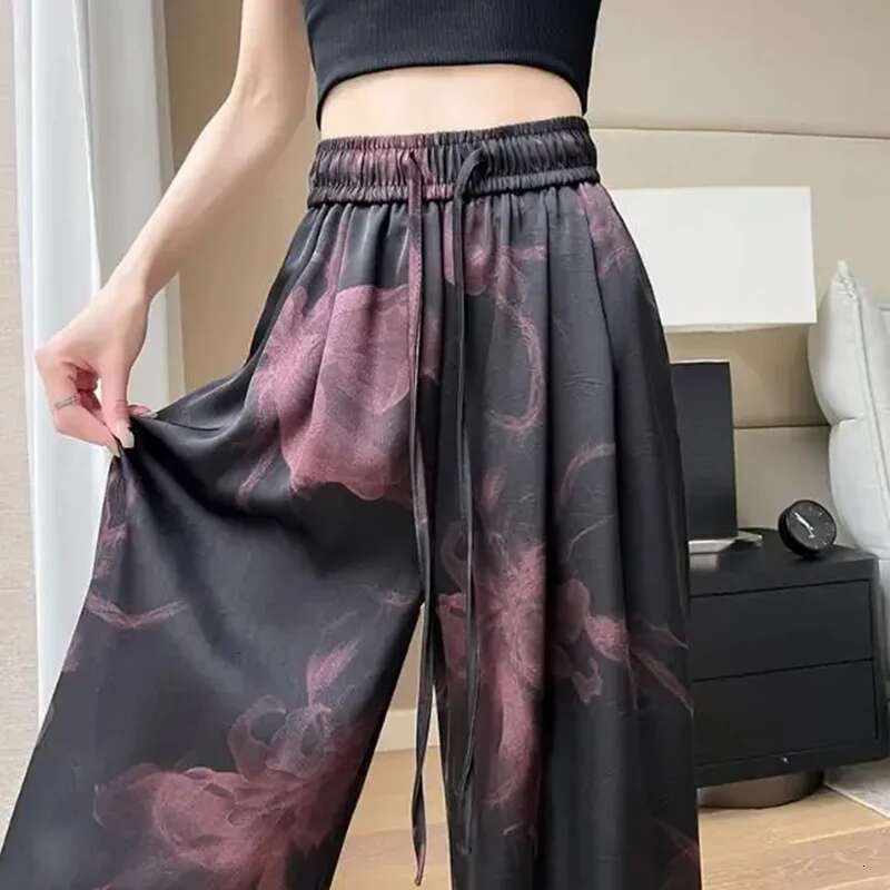 Chinese Style Vintage Printing Wide Leg Summer Loose All-Match Elastic Straight Women Drawstring High Waist Pants