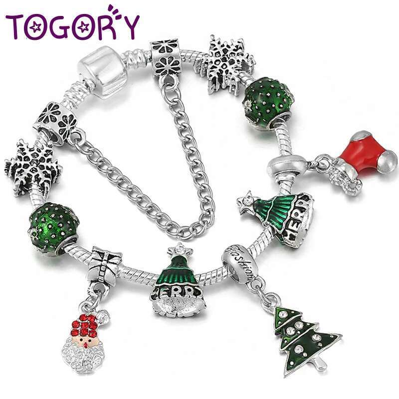 Green Christmas Tree Beads Pendant Charm Bracelets With Silver Color Chain Bracelets For Women Kids Xmas Jewelry Gift Hot Sale