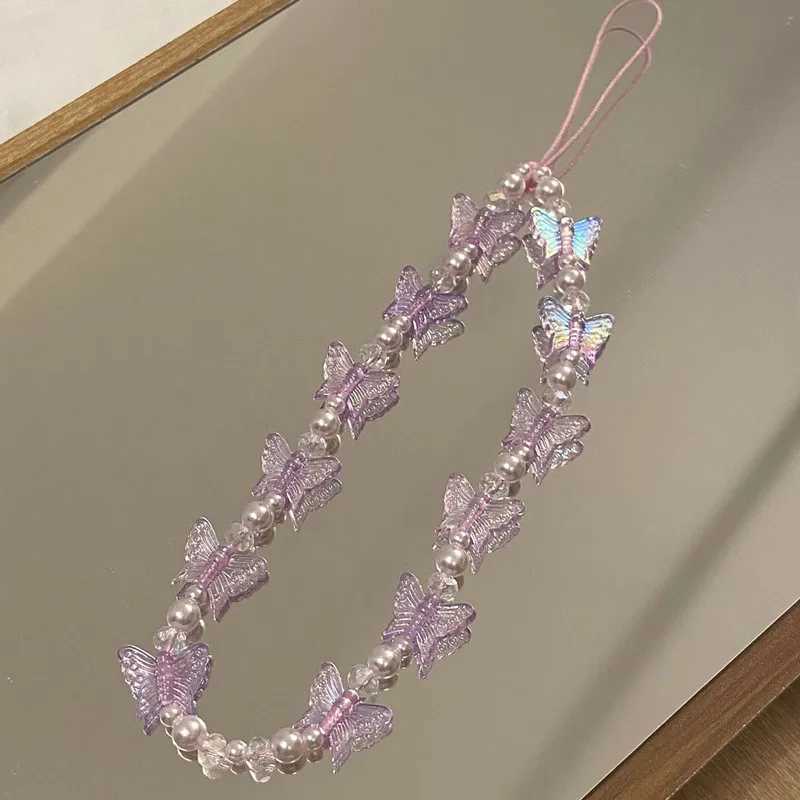 Phone Chain Colorful Butterfly Phone Keychain Tether Sweet Plastic Pearl Phone Strap Anti Loss AccessoriesXJ250319
