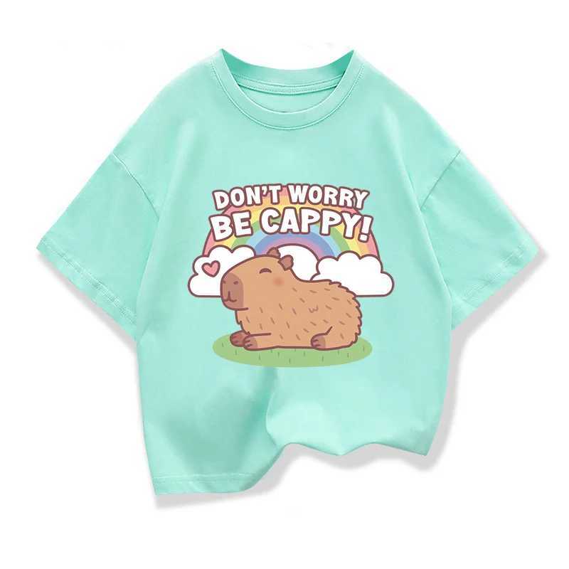 Girls cotton T-shirt Capybara childrens clothing T-shirt summer printed cartoon short sleeved T-shirt childrens basic loose O-neck topT250320