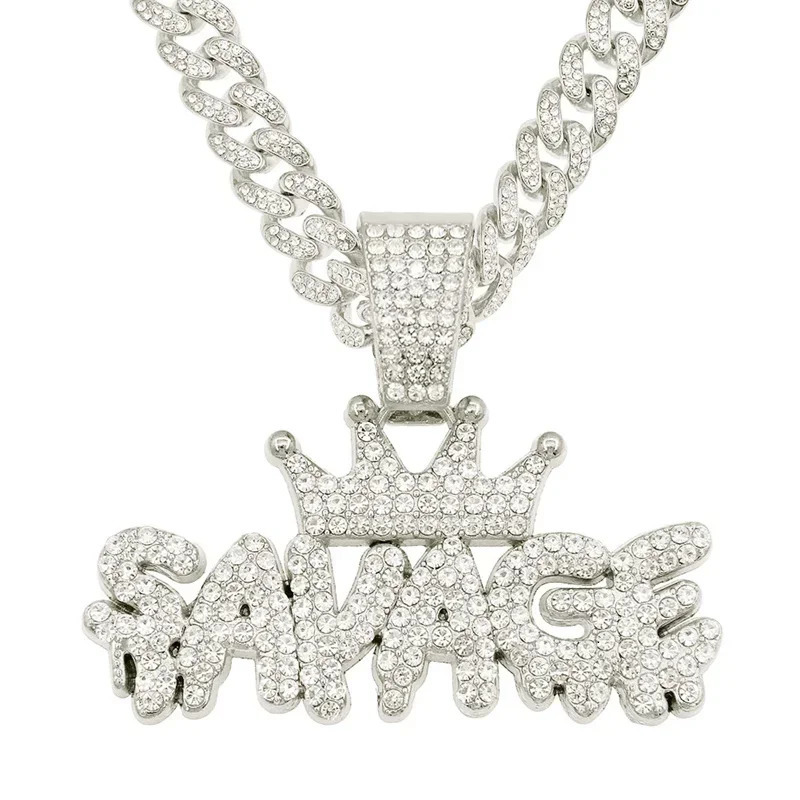 Hip Hop Bling Crown Letter Savage Pendant Necklace With 13mm Cuban Chain Iced Out Statement Neck Jewelry Drop 250320
