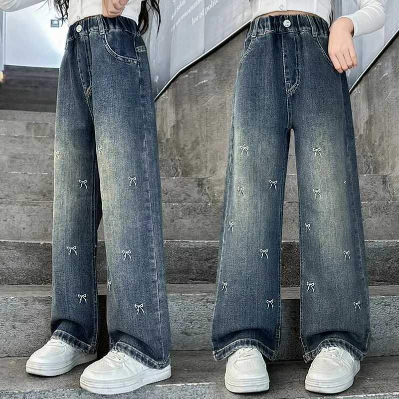 2025 Autumn Wide Leg Jeans for Girls Pants Kids Bow Embroidery Design Fashion Casual School Teenage Children Trousers 4-15YearsT250326