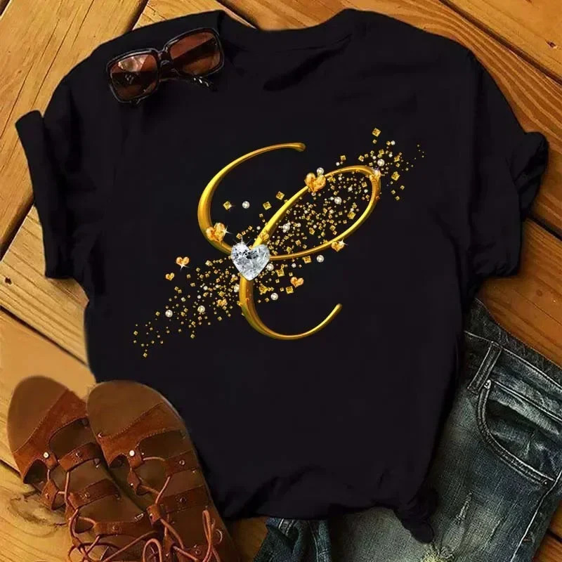 A letter combination T-shirt with a custom name suitable for short sleeved womens clothing with gold diamond letter font ABCDEF 250320