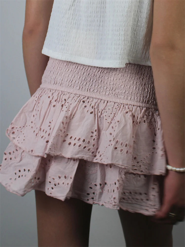 CHRONSTYLE Women Lace Short Mini Skirts Elastic High Waist Layered Ruffles Hollow Out Skirts Summer Party Club Streetwear 250320