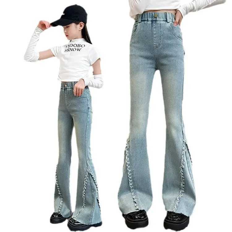Cool Child Fashion Street Flare jeans with edges suitable for girls vintage blue boots cut denim Trouser teenage childrens casual jeansT250326