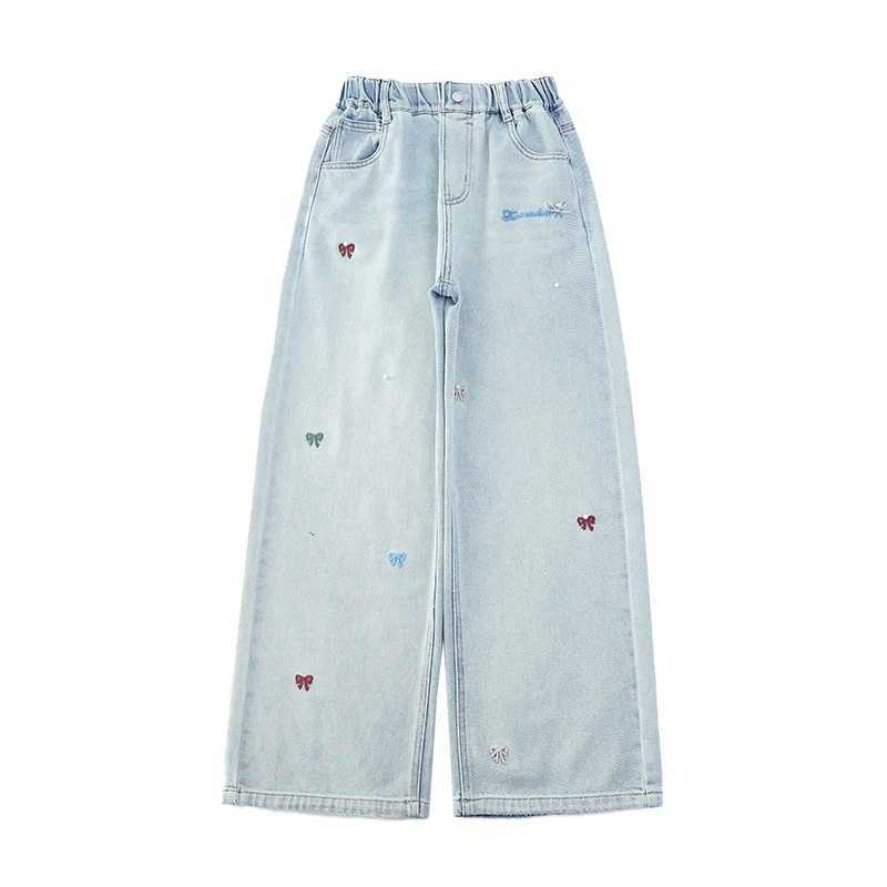 Childrens Fashion Girls Straight Jeans Elegant Bow Cute Denim Pants Bow Elastic Cute Spring Childrens Youth Jeans TrousersT250326