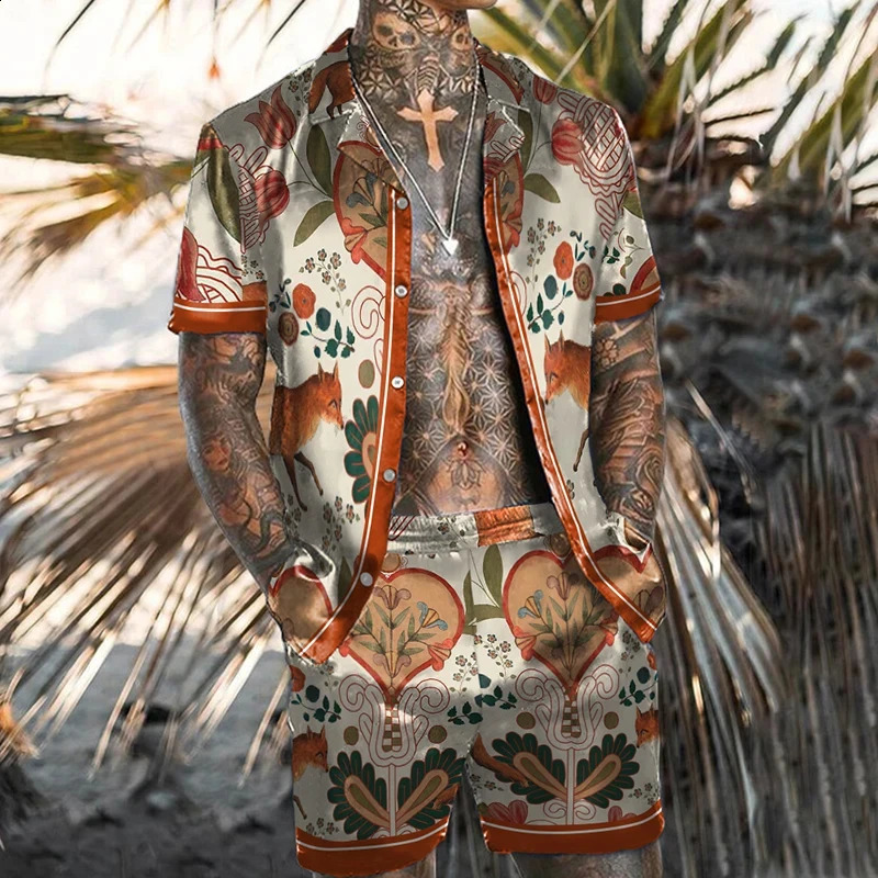 Men Shirt Sets 3d Print Retro Ethnic Style Floral Short Sleeve Casual Oversized Beach Shorts Summer Streetwear Hawaiian Suits 250319