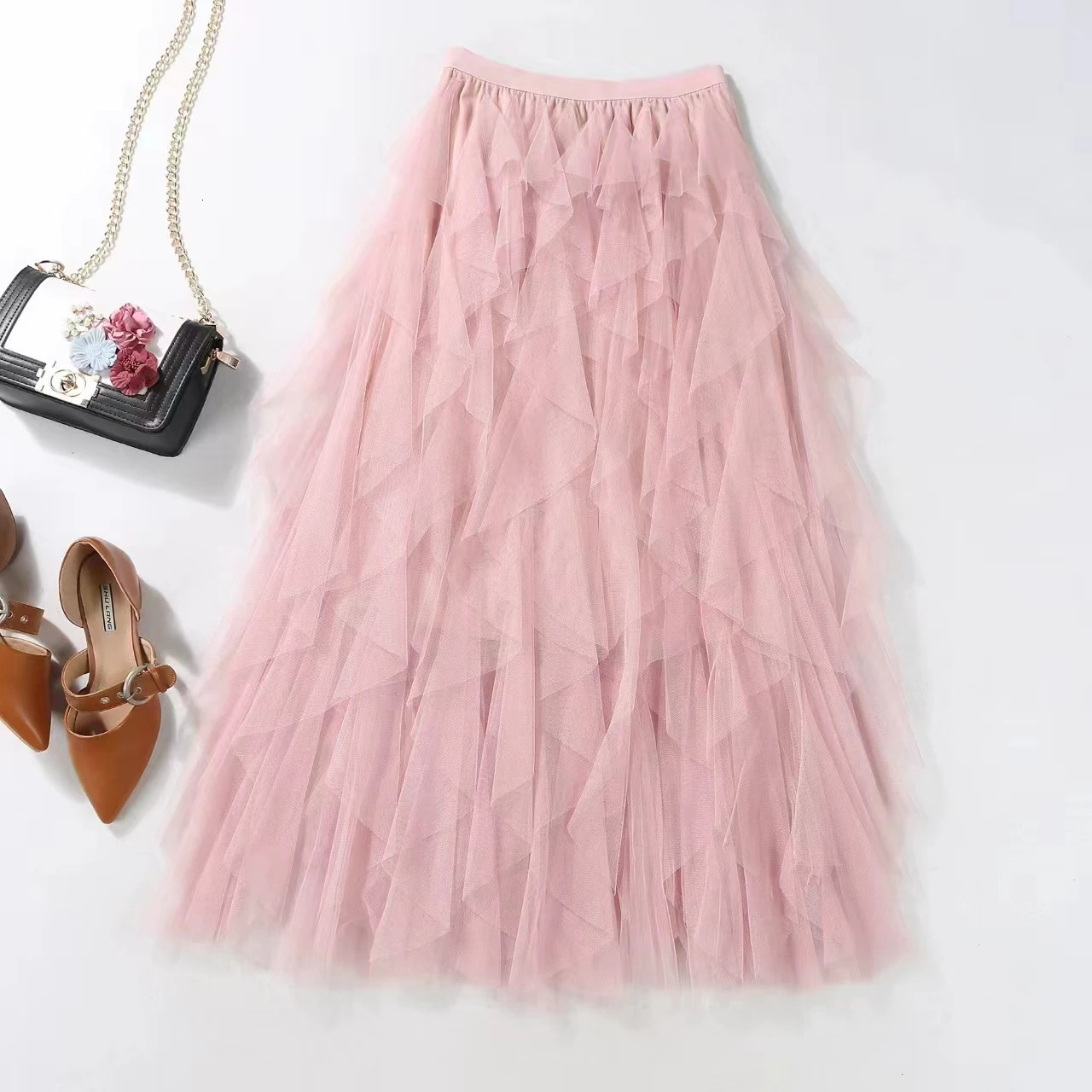 Womens Half Length Skirt Irregular Mesh High Waisted Versatile Slimming A-line Fluffy Gauze Medium Length Half Length Skirt 250320