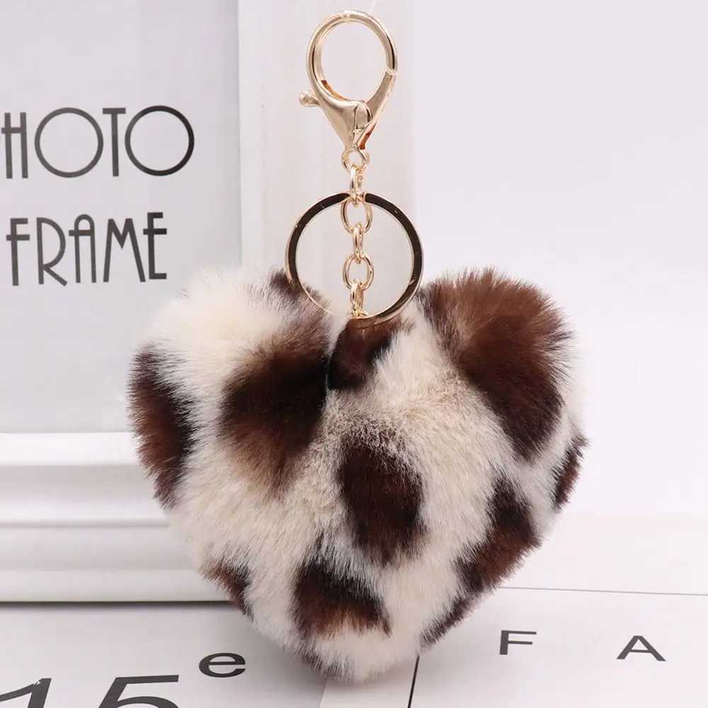 Fashionable multi-color leopard pattern plush fluffy peach heart pendant keychain cute cartoon keychain car keychainXJ250319