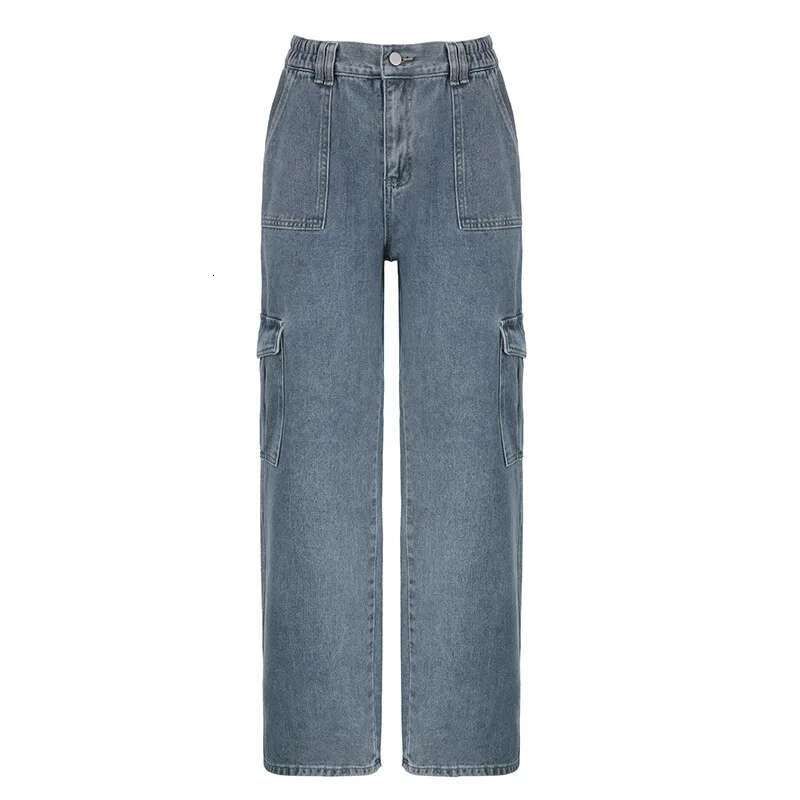 Designer Jeans 2025 Women's Work Pants - European And American Retro Washed Loose Straight Work Pants Elastic Waist Patch Bag Fashion Men's 
