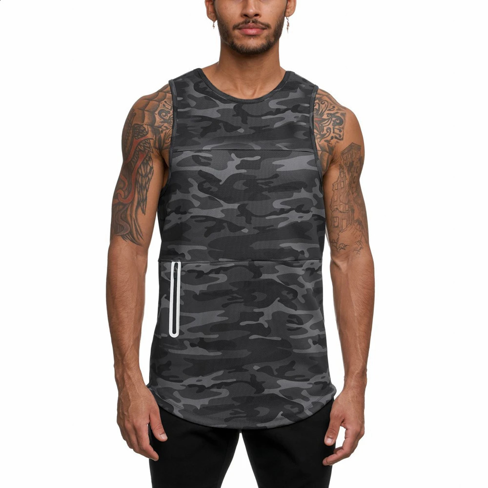 Mens Zipper Sleeveless Camouflage Black Tank Top for Summer Breathability Quick Drying Tight Fitness Underwear 250319