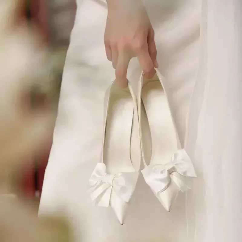 New brides white satin bow high-heeled shoes Y250319