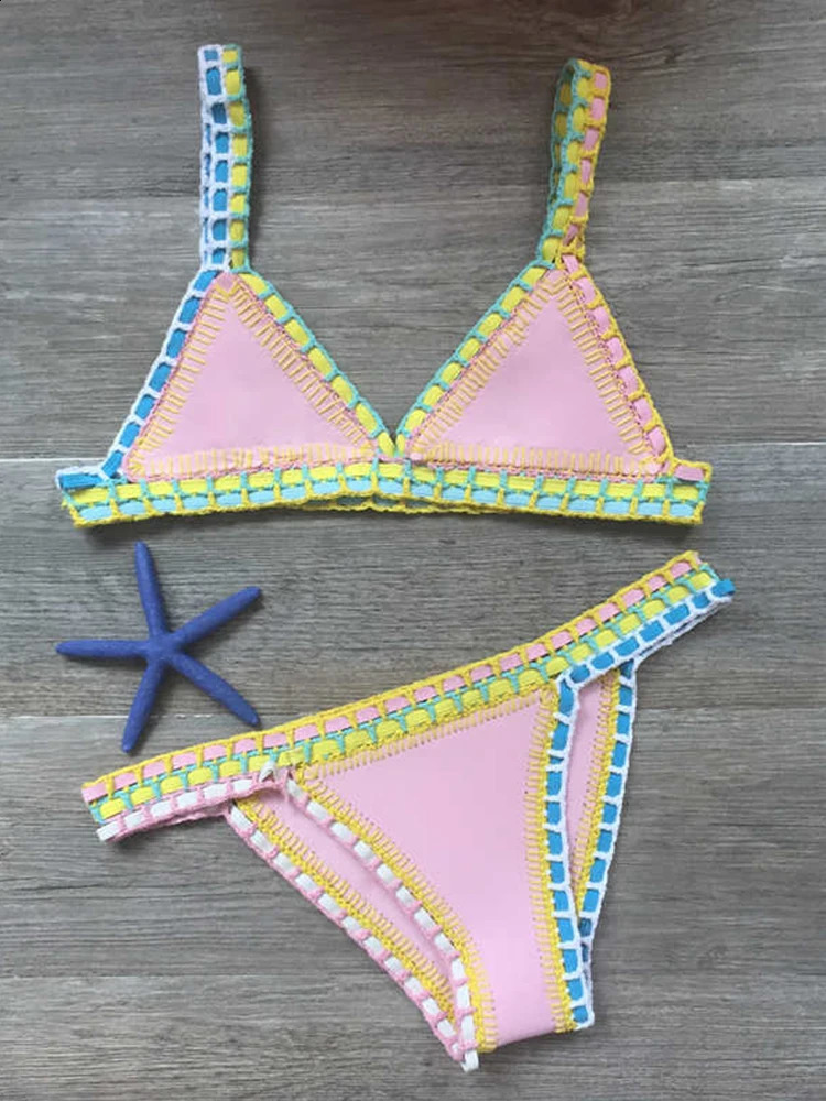 Crochet womens knitted swimsuit chloroprene rubber bikini beachwear bohemian style swimsuit two-piece swimsuit 250314