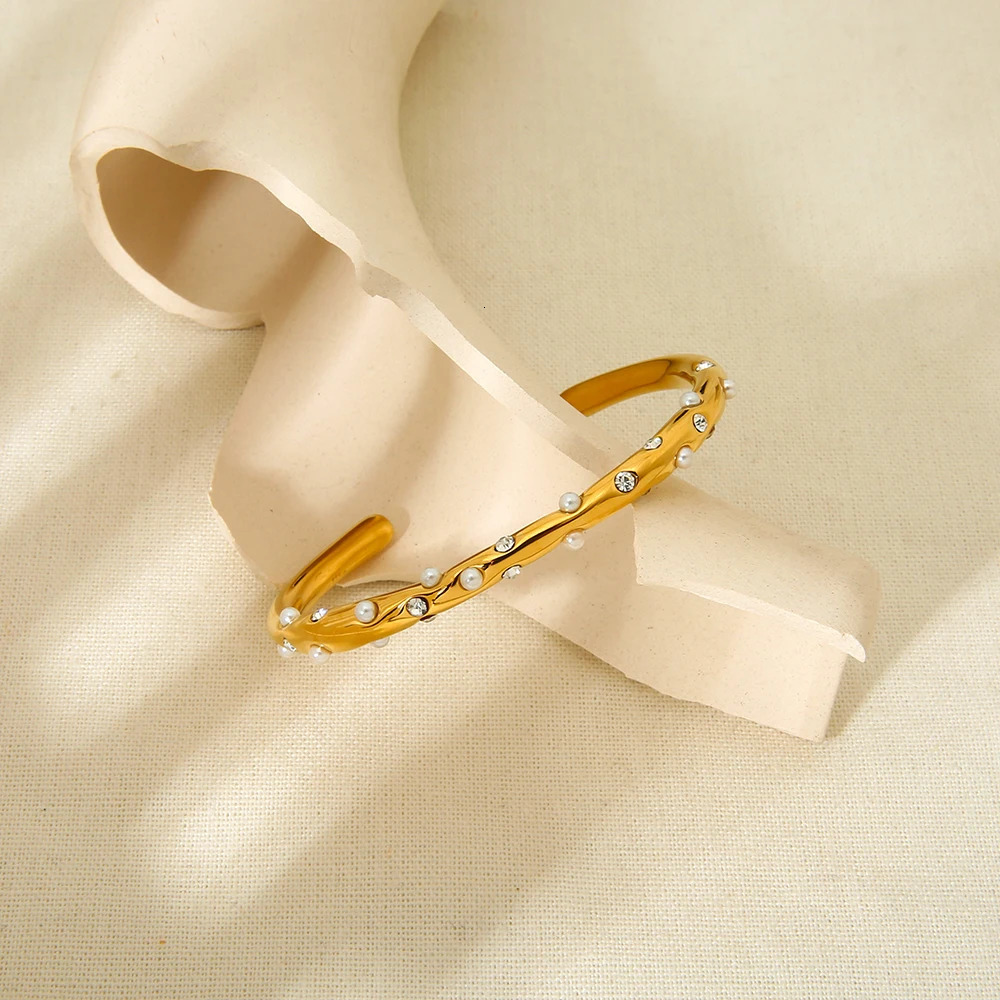 Vintage 18K Gold Plated Stainless Steel Cuff Bracelets Irregular Pearl Stone Opening n Bangle for Party Gift 250320