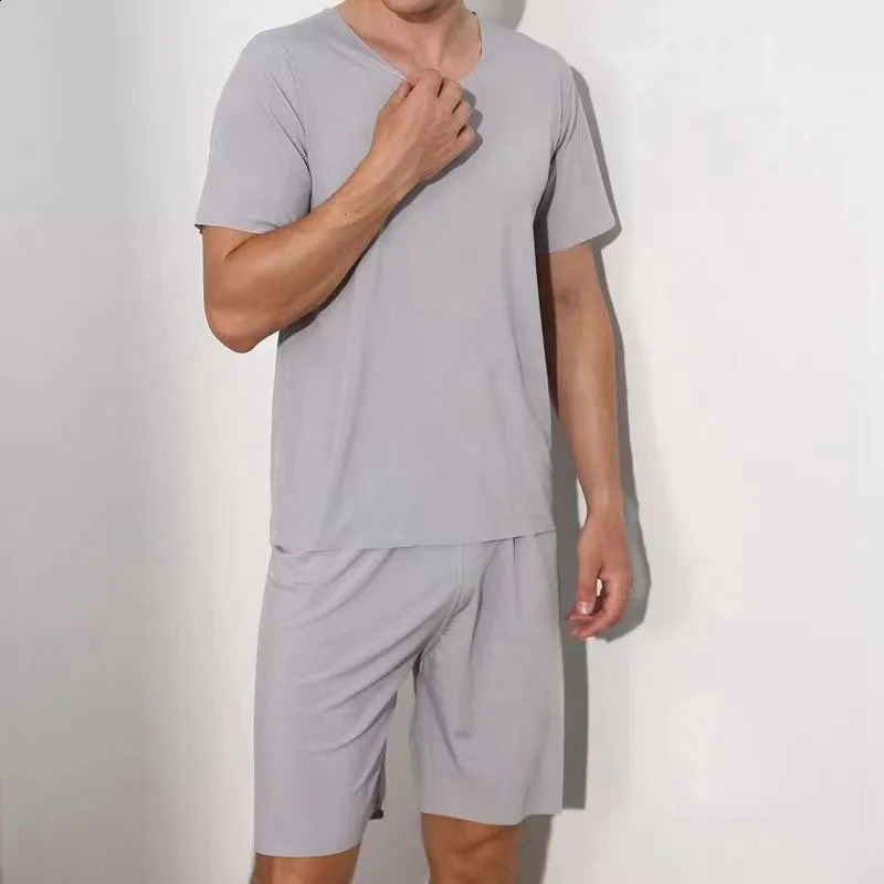 Mens TwoPiece Summer Thin Section Senior Ice Silk Feeling Round Neck Solid Color Short Sleeve Suit Sports Casual Homewear 250319