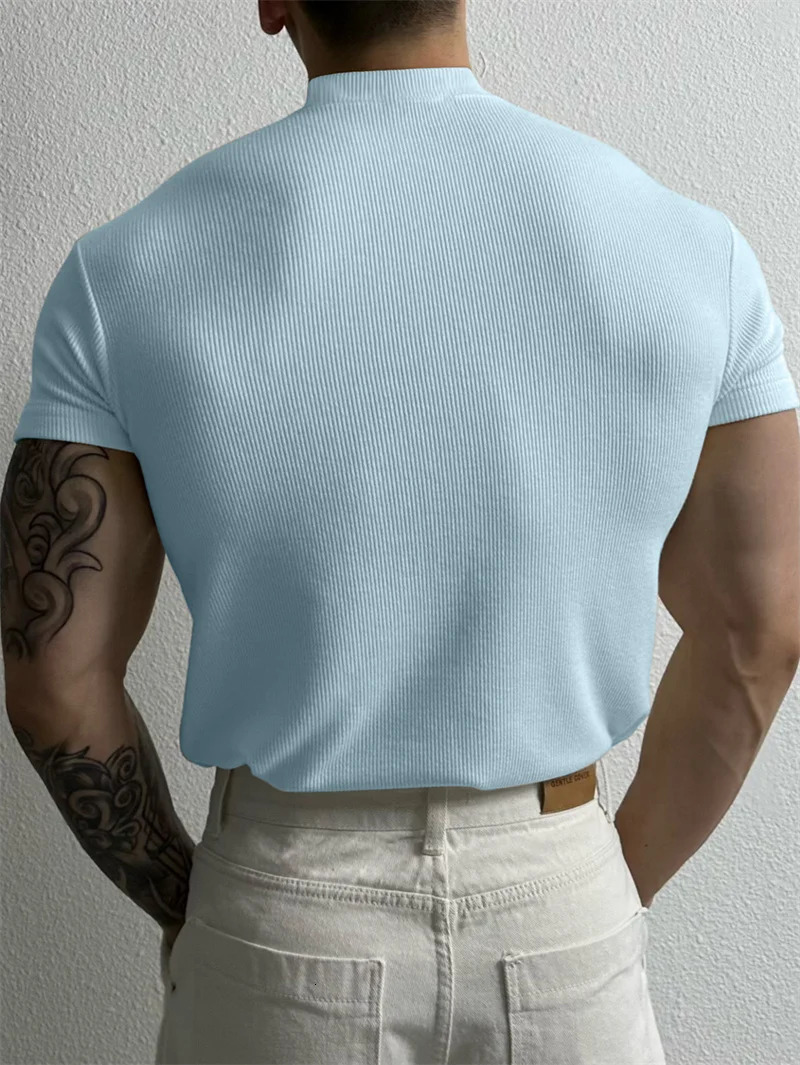 Spring and summer fashion mens Tshirt small high neck striped short sleeved fitness top casual sports shirt 250320