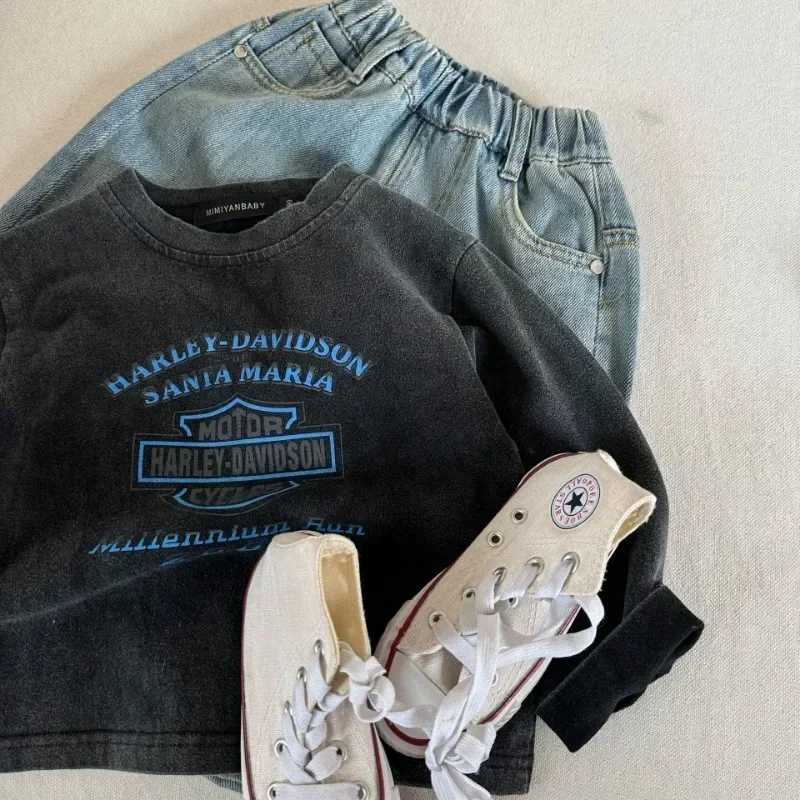 New Spring Children Boys Girls T-shirt Autumn Cotton Solid Casual Long Sleeve Denim T-shirts Kids Soft Unisex Loose Tops ClothesT250320