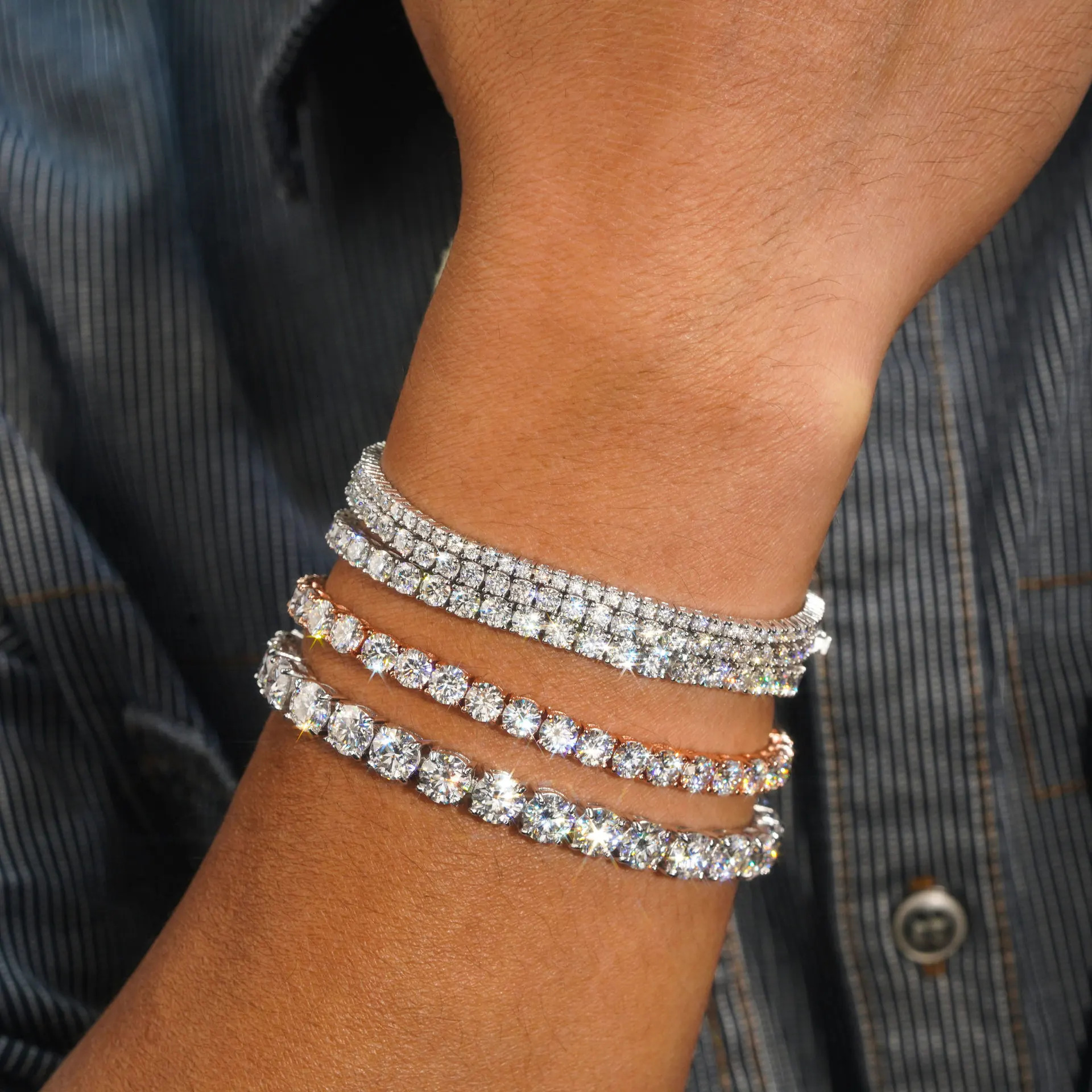 FEOBUR 2.5mm Full Moissanite Tennis Bracelets for Women Men 18k Gold Plated S925 Silver Diamonds Chain Bracelet Party Jewelry