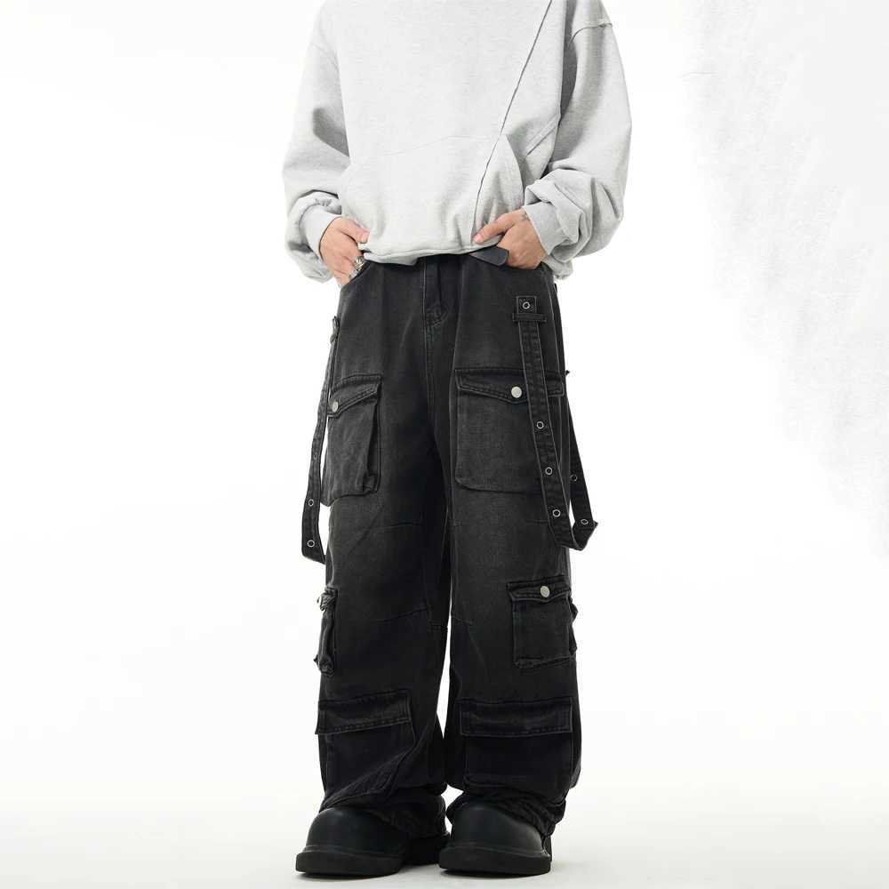 Black Cargo Jeans Men Baggy Multi-pocket Wide Leg Streetwear Trousers Summer 2024 Fashion Y2k Street Punk Vintage Denim PantsT250319