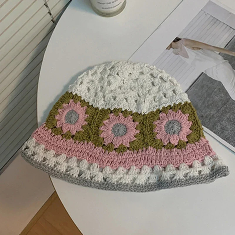 Flower Knitted Bucket Hats for Women Handmade Crochet Hollow Basin Hat Ladies Skullies Cap Spring Summer Sunscreen Sun Hat Gorro 250320