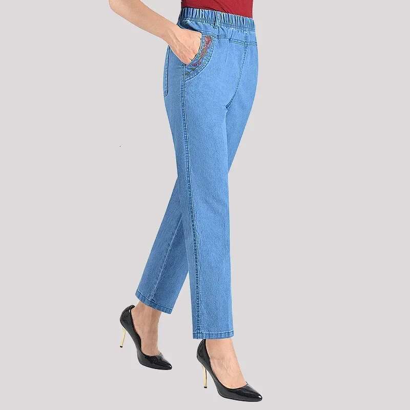 Mom's Spring/Summer Mid To Old Age Jeans Women's Loose Straight Sleeve 9-Point Embroidered Elastic High Waist
