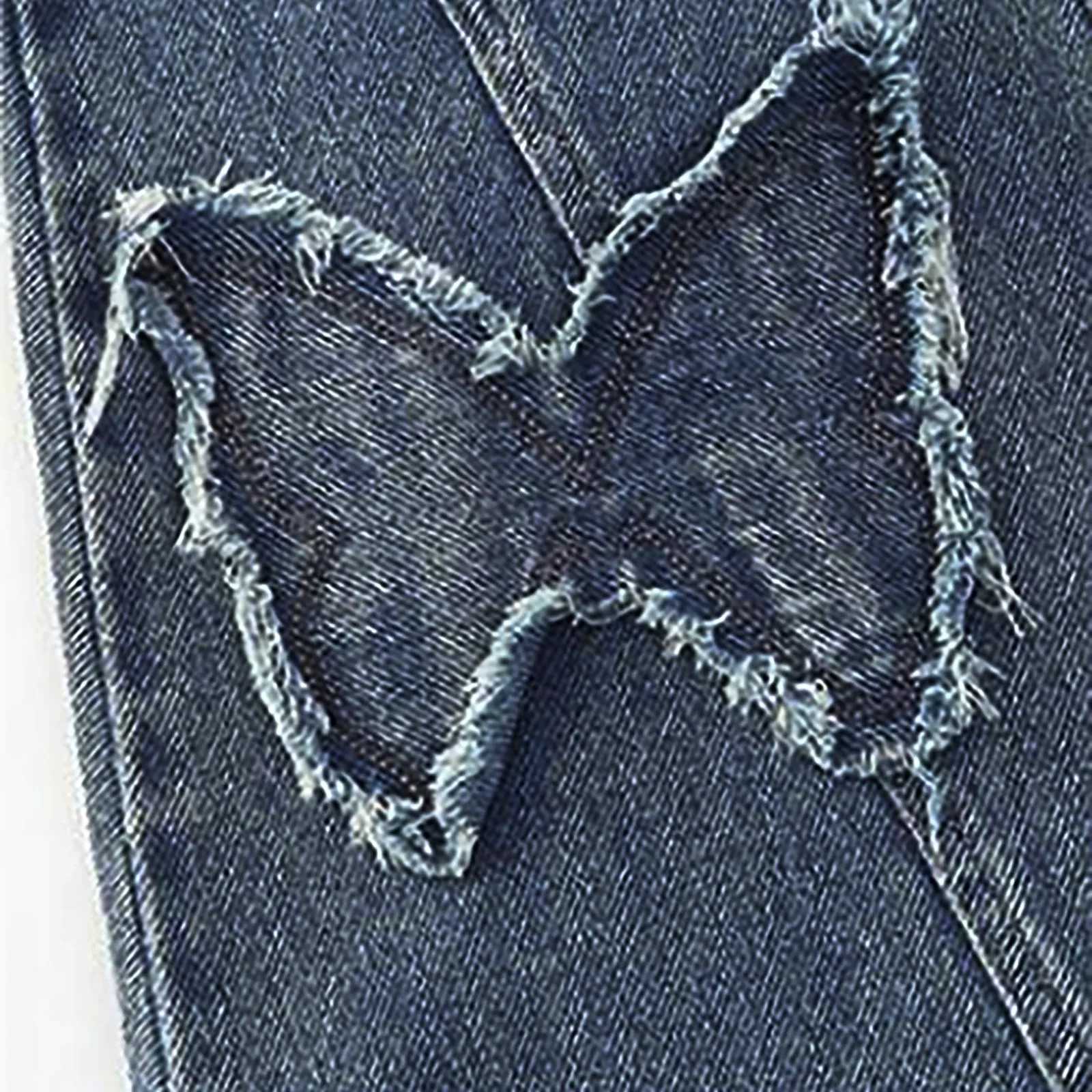 Big girl knitted girl flash jeans hem star print bell bottom retro jeans denim jeans solid color jeansT250326