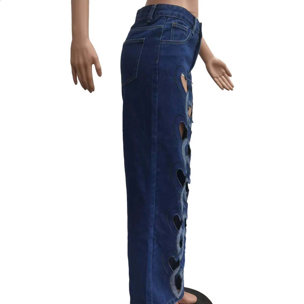 Wide leg jeans heart-shaped pants sexy womens high waisted elegant hollow denim straight pants 250314