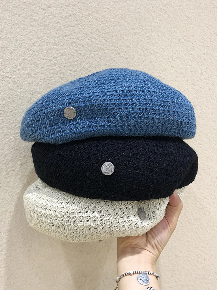 Korean Version Hollow Candy Color Berets Spring and Summer Milk Silk Retro Show Face Small Street Snap Painter Hats for Women 250320