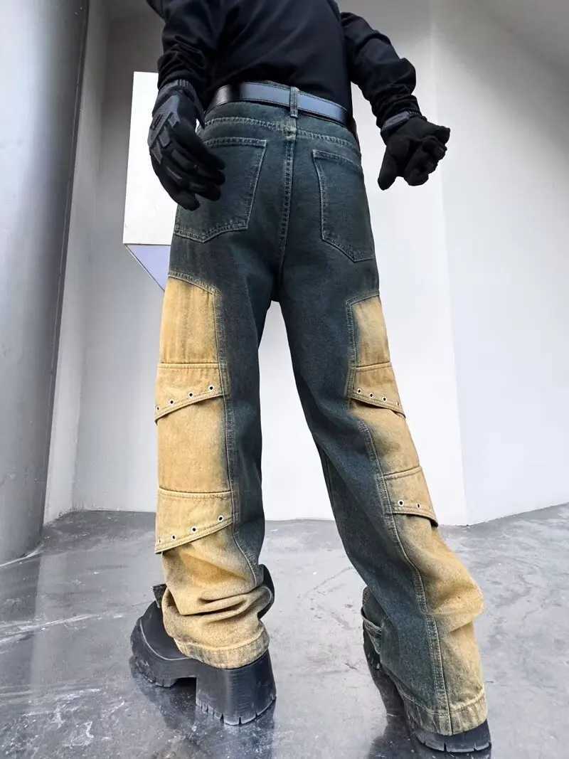 2024 Pantalones Y2K Streetwear Retro Blue Pocket New Jeans Mens Cargo Pants Straight Wide Legs Hip Hop CowboyT250319