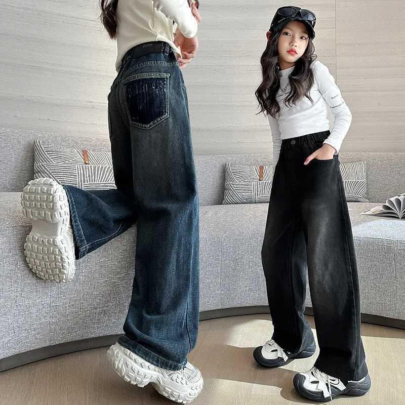 2024 New High Quality Girls Jeans Retro Denim Wide Leg Pants Childrens Clothing Casual Solid Youth ClothingT250326