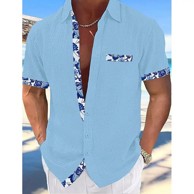 Short-sleeved shirt 100% linen Cool and breathable Comfortable and healthy material Gradient blue Hawaiian beach mens cardigan 250320
