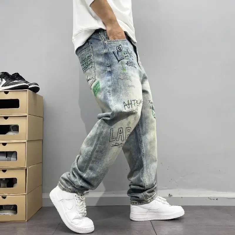 Personalized printed straight leg jeans with retro street style in the United States suitable for mens loose suits washed street hip-hop pantsT250319