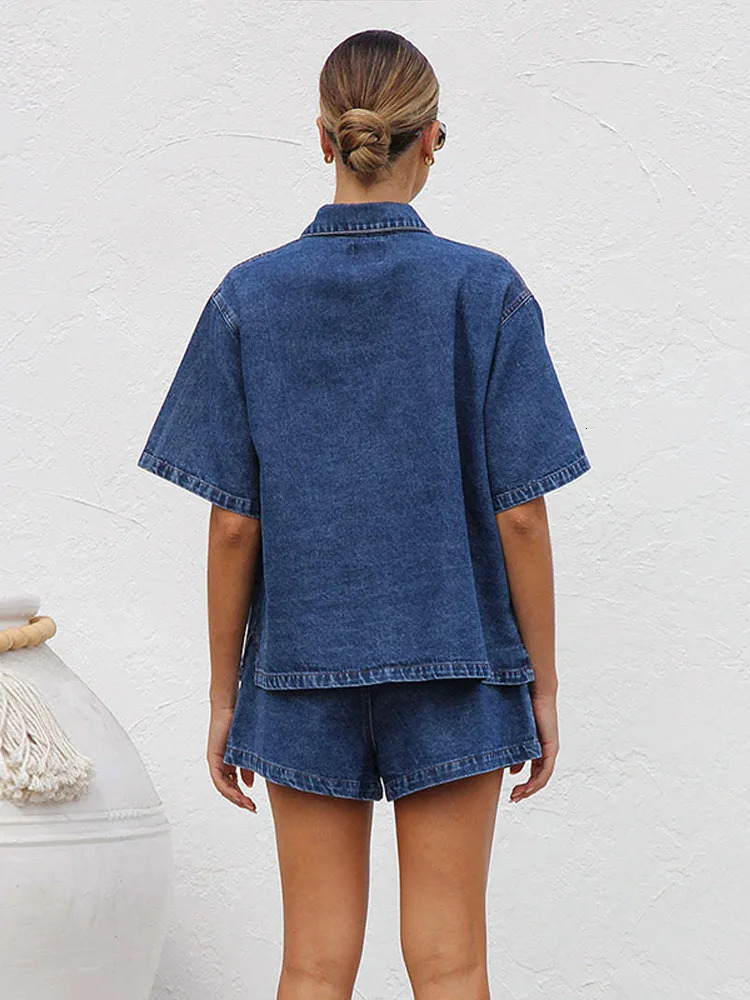 Casual Denim Shorts Womans Set Versatile Lapel Loose Single Breasted Cowboy Shirt Drawstring Pants Sets Female Two Piece 250320