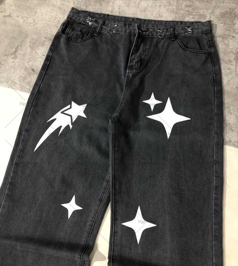 Street fashion clothing personalized meteor pattern fashion version jeans mens retro Harajuku casual loose Trouser womensT250319