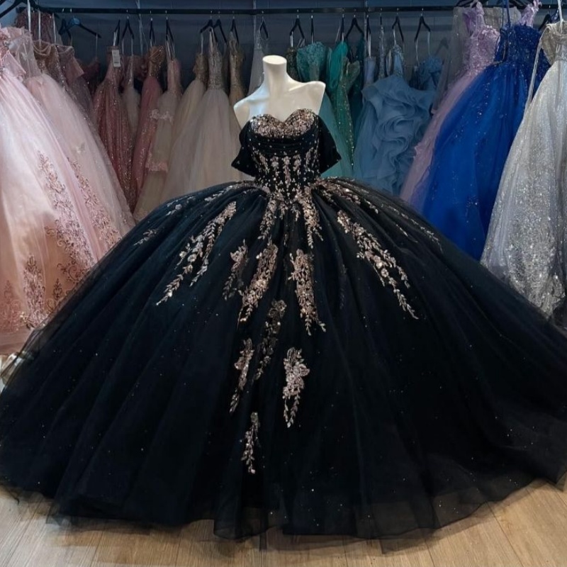 Black Gillter Princess Quinceanera Dresses Gold Sequin Applique Lace Beads Bow Tull Corset Lace-up vestidos de 15 anos Sweet 16 Dress