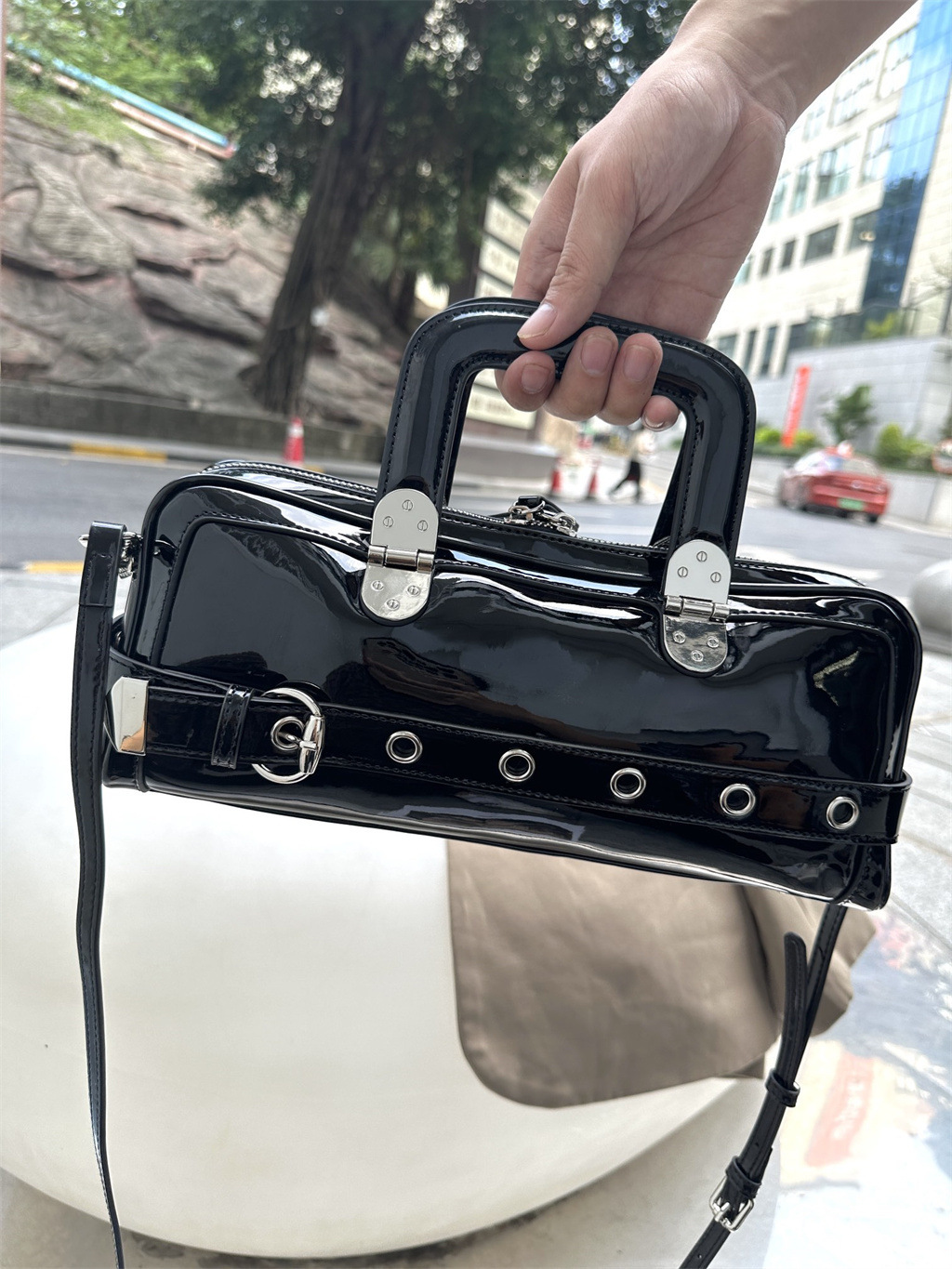 Ins Patent Leather Handbag, Fashionable Belt Buckle Crossbody Bag, Same Style Spicy Girl Trendy Cool Women's Bag