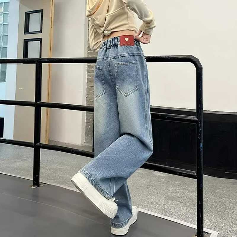 Korean Spring Style Trendy School Girls Retro Jeans Loose Legs Childrens Outdoor Pants Cotton Soft Touch Childrens Cowboy TrousersT2502320