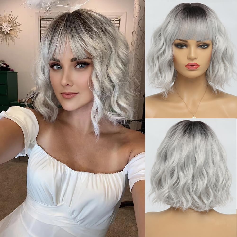 Short White Silver Wigs for Women Ombre Grey Wavy Bob Wig with Bangs Medium Length Synthetic Hair Water Wave Dark Roots Wig Gray Colorful Wigs