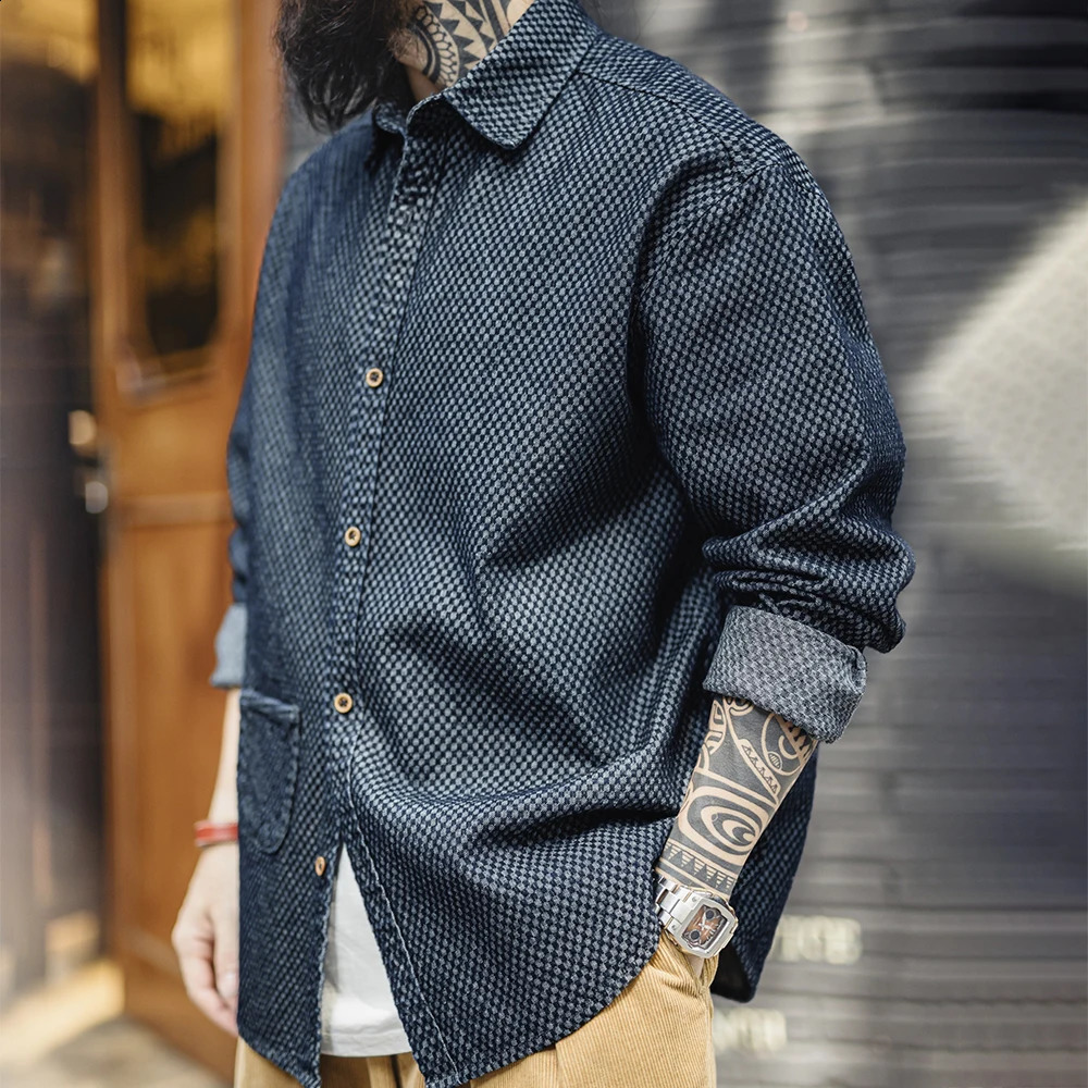 Maden Retro Checkered Longsleeved Denim Shirt Loose Lapel Singlebreasted Jacket for Men Spring and Fall Versatile Outerwear 250317