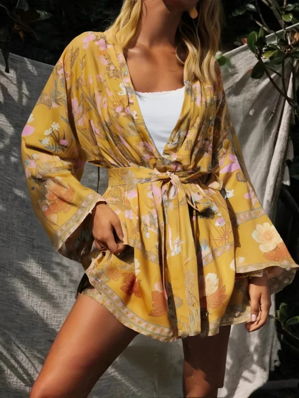 Happie Queens Women Floral Print Sashes Bat Sleeve Beach Bohemian Kimono Dresses Ladies V Neck Summer Bikini Boho Cover-ups 250320