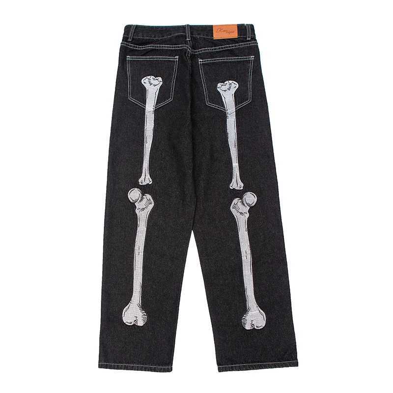Vintage Skeleton Hand Bone Embroidery Wash Mens Jeans Vibe Style Straight Casual Large Denim Trousers Street ClothingT250319