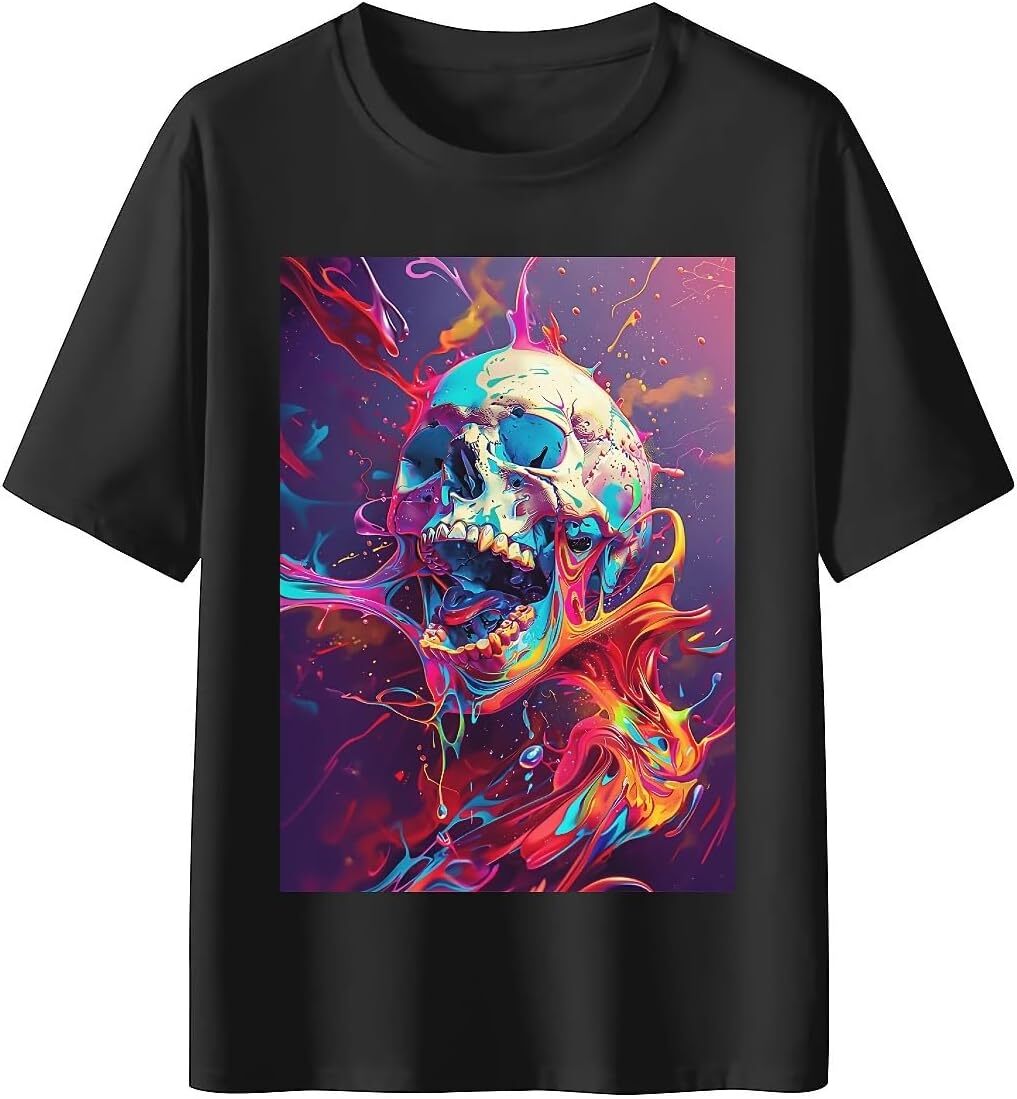 T shirt for Mens Mens Novelty T-Shirts Graphic 2D Print Summer Short Sleeve Colorful Skull with Open Mouth Shirts Tshirt Graphic Tee Casual Tops Cloth