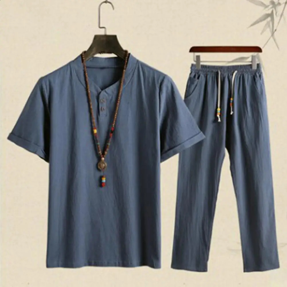 Summer Fashion Men Shirts Trousers Set Cotton And Linen Shirts Short Sleeve Mens Casual Top Pants Men Outfit M-4XL 250319