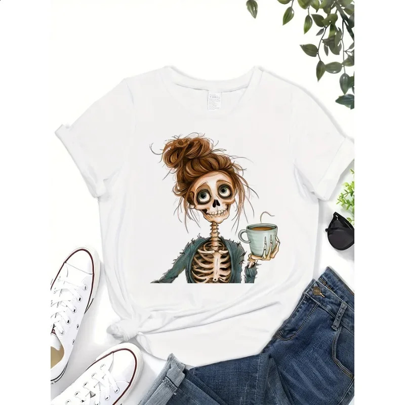 Vibrant Skull Girl Graphic Print Crew Neck TShirt Soft Breathable Short Sleeve Tee Womens Fashion Clothing for Everyday Wear 250311