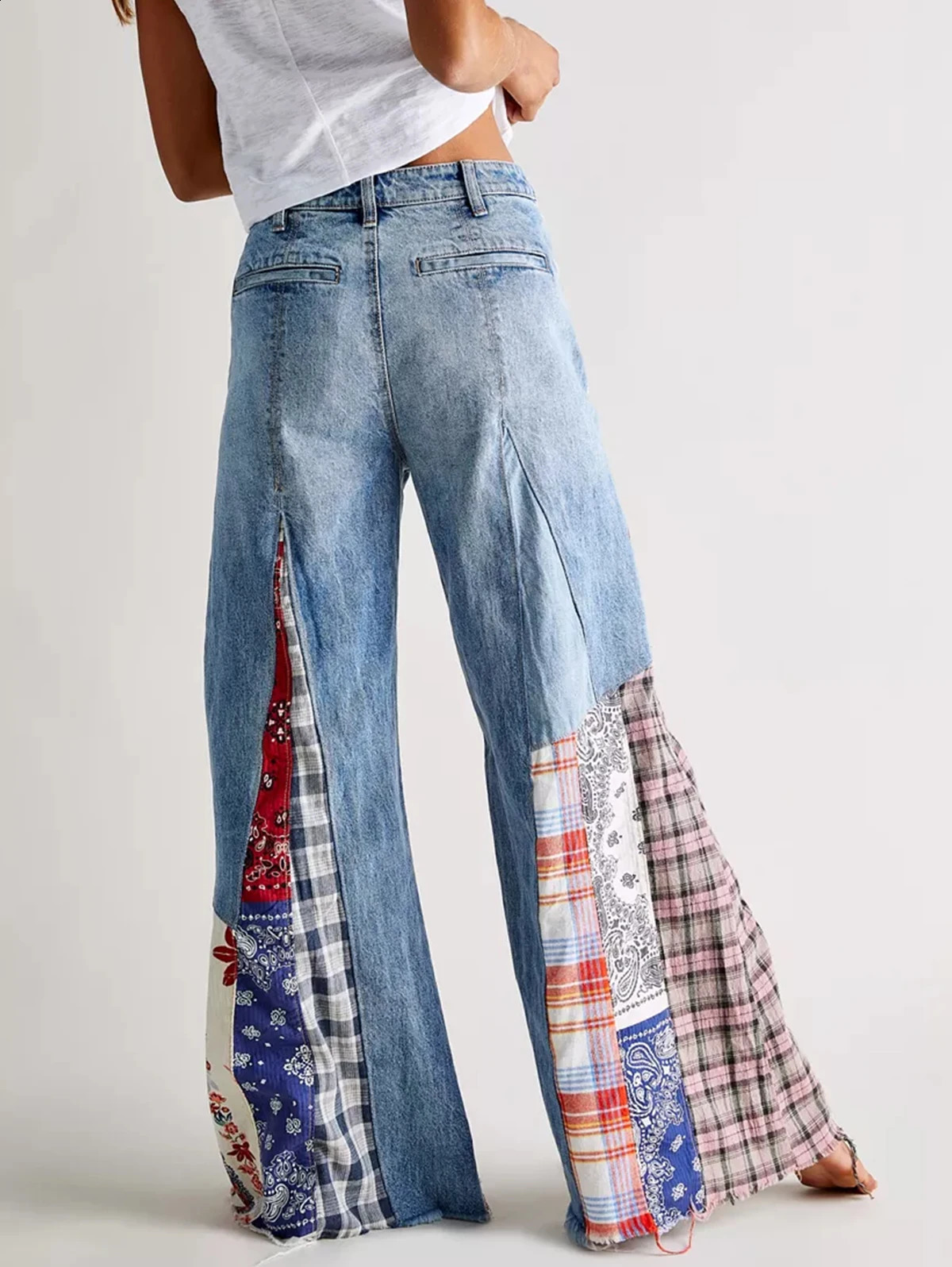 Womens Print Patchwork Wide Leg Jeans Pockets Vintage High Street Vintage Harajuku Denim Trouserse Autumn Plus Size Jeans 250319