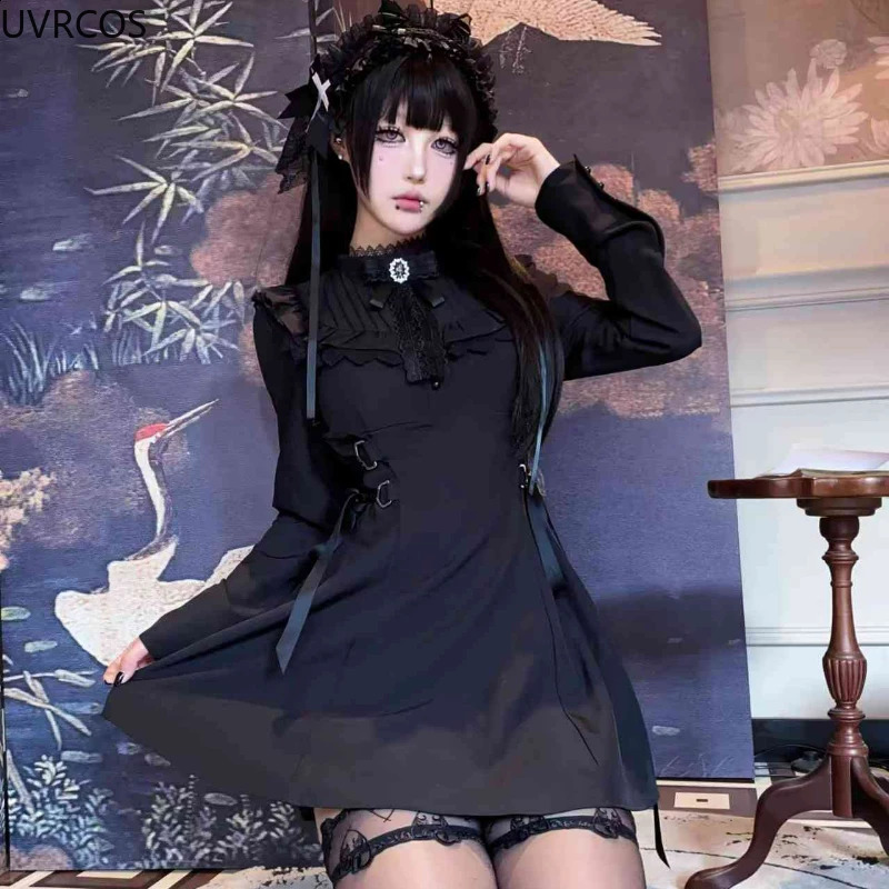 Japanese Gothic rhinestone bow dress womens lace pleated long sleeved ultra-thin bandage dress Y2k aesthetic party mini dress 250314