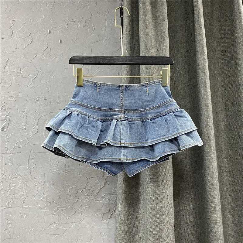 Fashion Blue Denim Skirt Printed Pleated High Waist Mini Skirts Y2K Retro Sweet Cute Sexy Streetwear Women Skirt 2025 New SummerXJ250320
