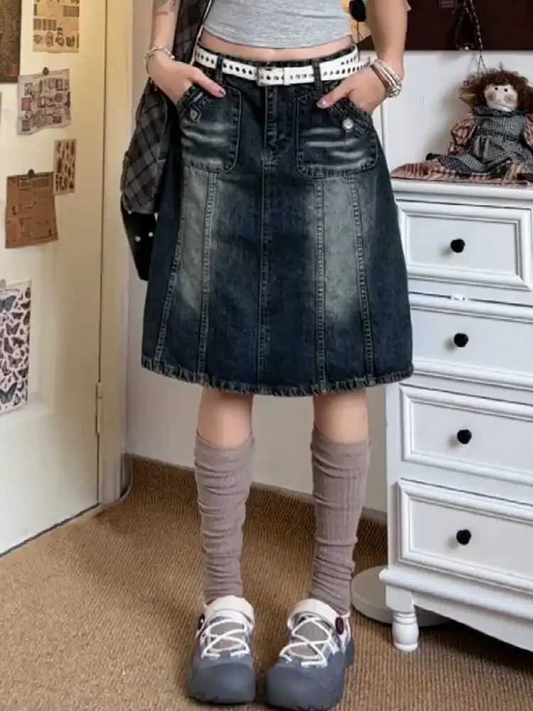 Summer womens Korean Midi denim Skirt Cyber Punk Gyaru Coquette 2000 retro Harajuku Gothic Japanese fashion Y2k streetwear newXJ250320