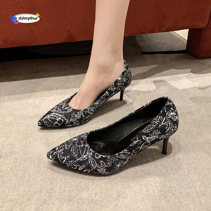 Black pointed high heels for women's 2024 new spring and autumn slim heels, Chinese style qipao, shallow cut single shoe, large size ddmythur