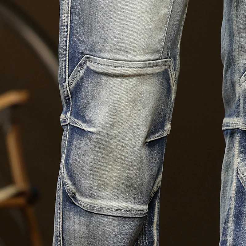 Nostalgic Multi-pocket Work Jeans Mens Stretch Large Size Straight Slim Military Style Jeans Punk Rock Straight Jeans 40 42 44T250319